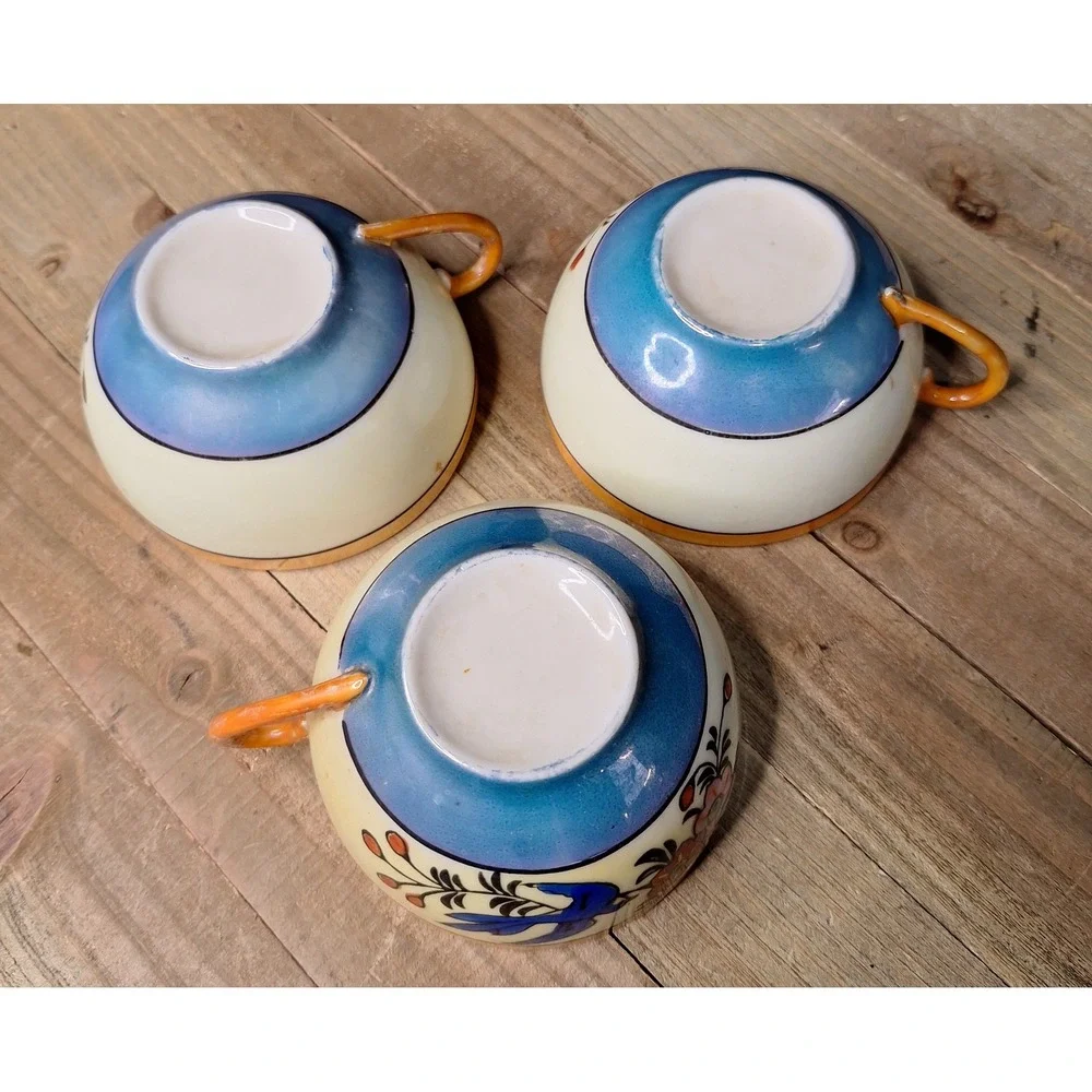 Vintage Japanese Lusterware Teacups Set of‎ 3 Blue Bird Floral Porcelain Japan